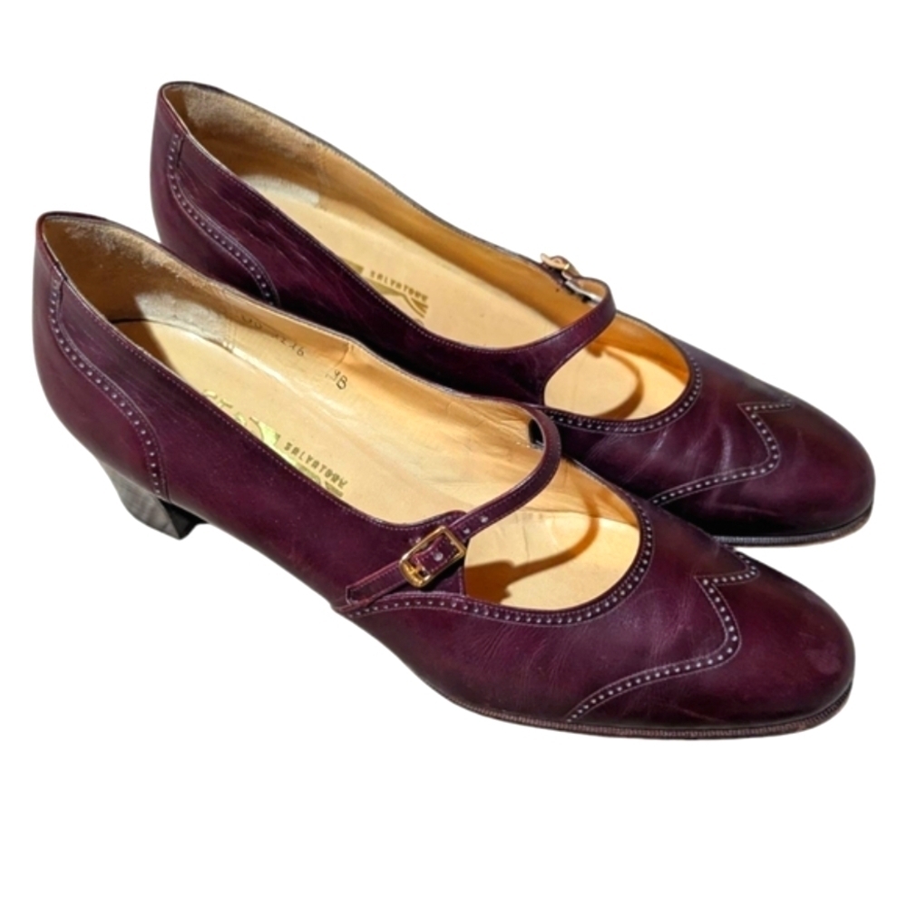 Vintage Salvatore Ferragamo Oxford Mary Janes Oxblood Leather Heels 9 Academia - Picture 3 of 12